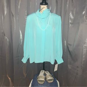 Vintage Deadstock Brownstone Studio Blouse Blue Long Sleeve Mock Neck Size 16